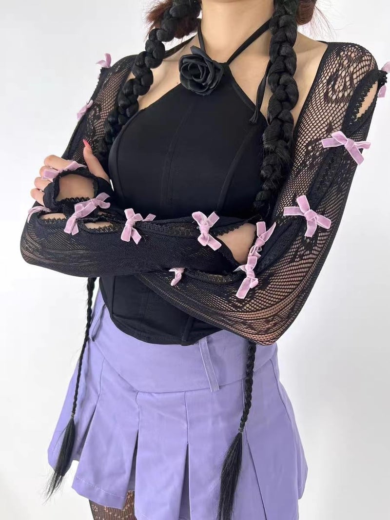 Sumleno Women's Mesh Lace Shrug Crop Top Y2K Aesthetic Arm Sleeves Cardigan with Bow Grunge Cute Fairycore Accessories - Image 2